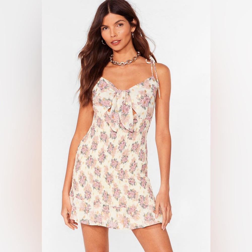 NastyGal  Floral Shirred Tie Front Cutout Ruffle Mini Dress